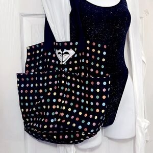 Roxy Black Multi Color Polka Dot Canvas Grocery Tote Book Laptop Beach Pool Bag